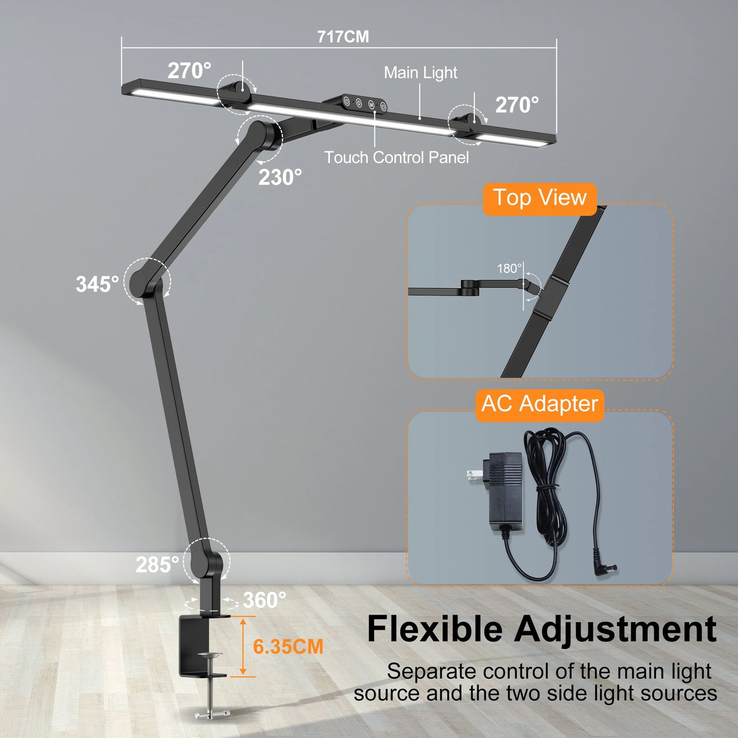 LED-Schreibtischlampe mit Klemme – dimmbar, 24W mit Umgebungslicht