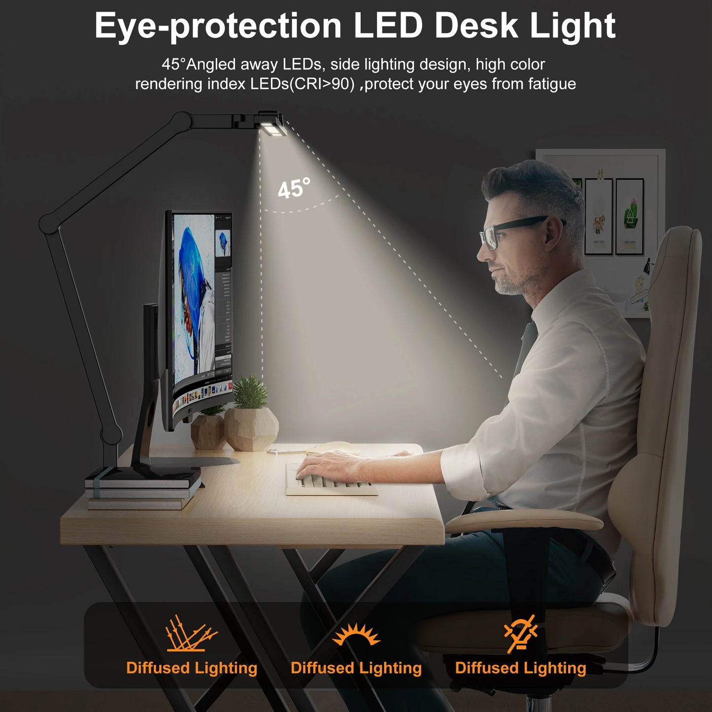 LED-Schreibtischlampe mit Klemme – dimmbar, 24W mit Umgebungslicht